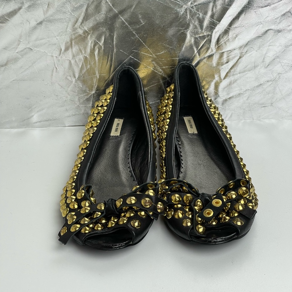 Miu Miu Open Toe Ballet Flats With Gold Studs And… - image 2